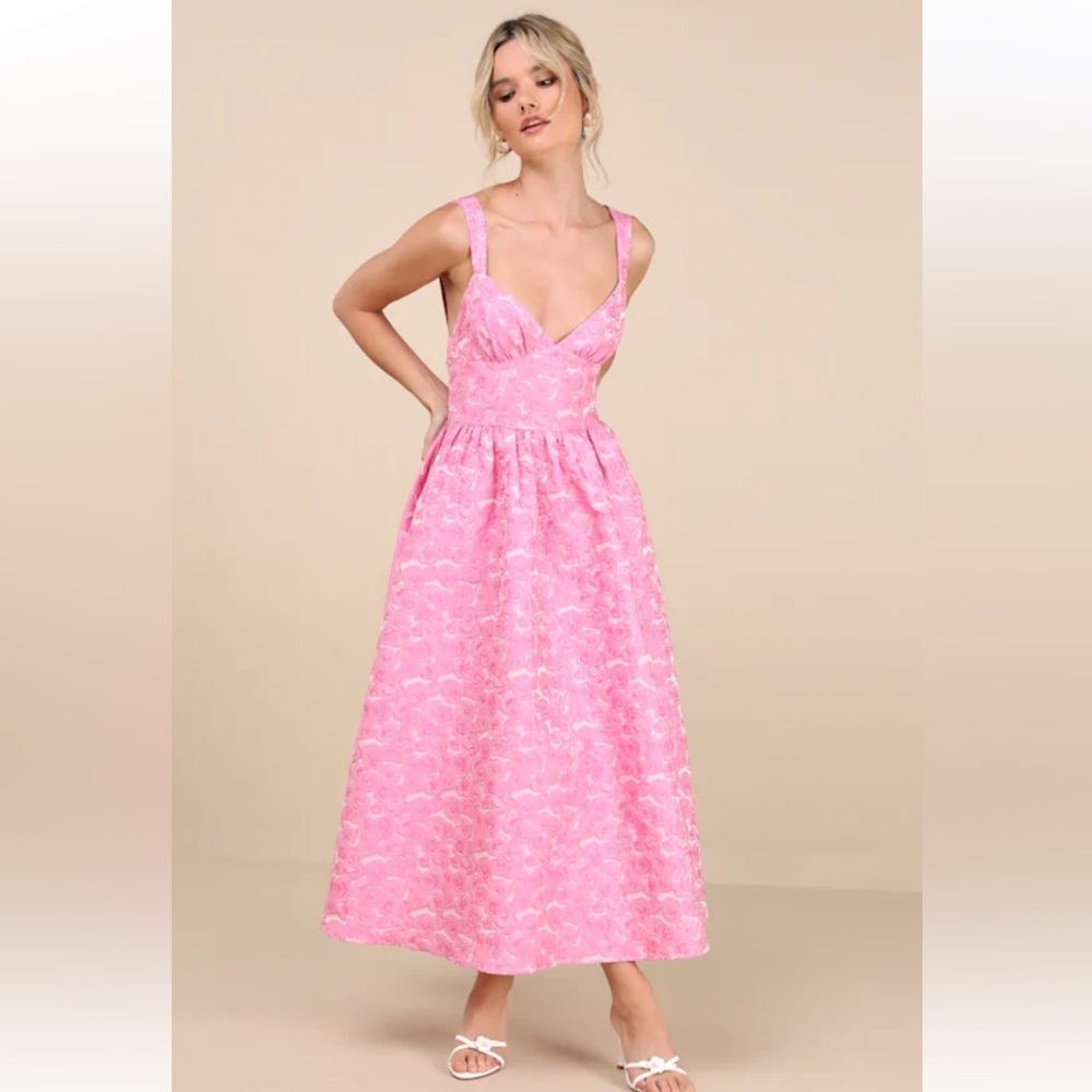 Lulu's Pink Jacquard Midi Dress